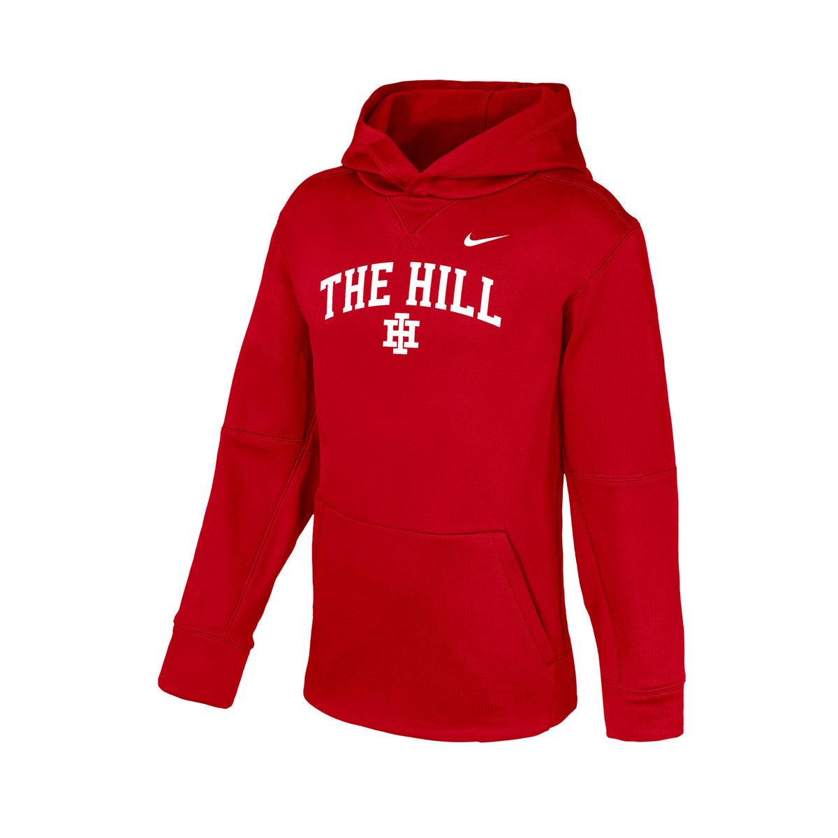 A red Nike hoodie featuring 'THE HILL' and an 'IH' logo printed in white on the chest, displayed on a clean white background.