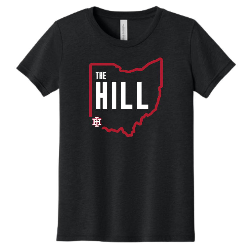 Black t-shirt with 'The Hill' graphic design on a white background