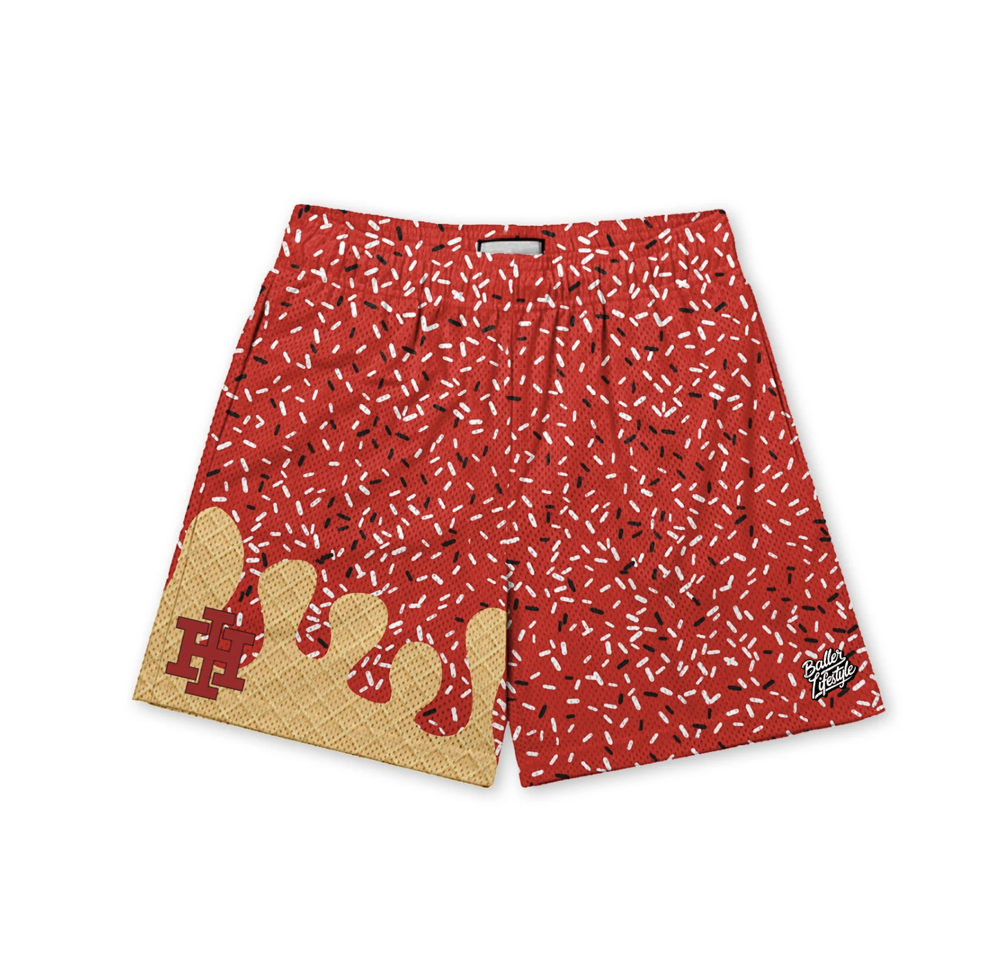 Red shorts with a pattern and logo on a white background