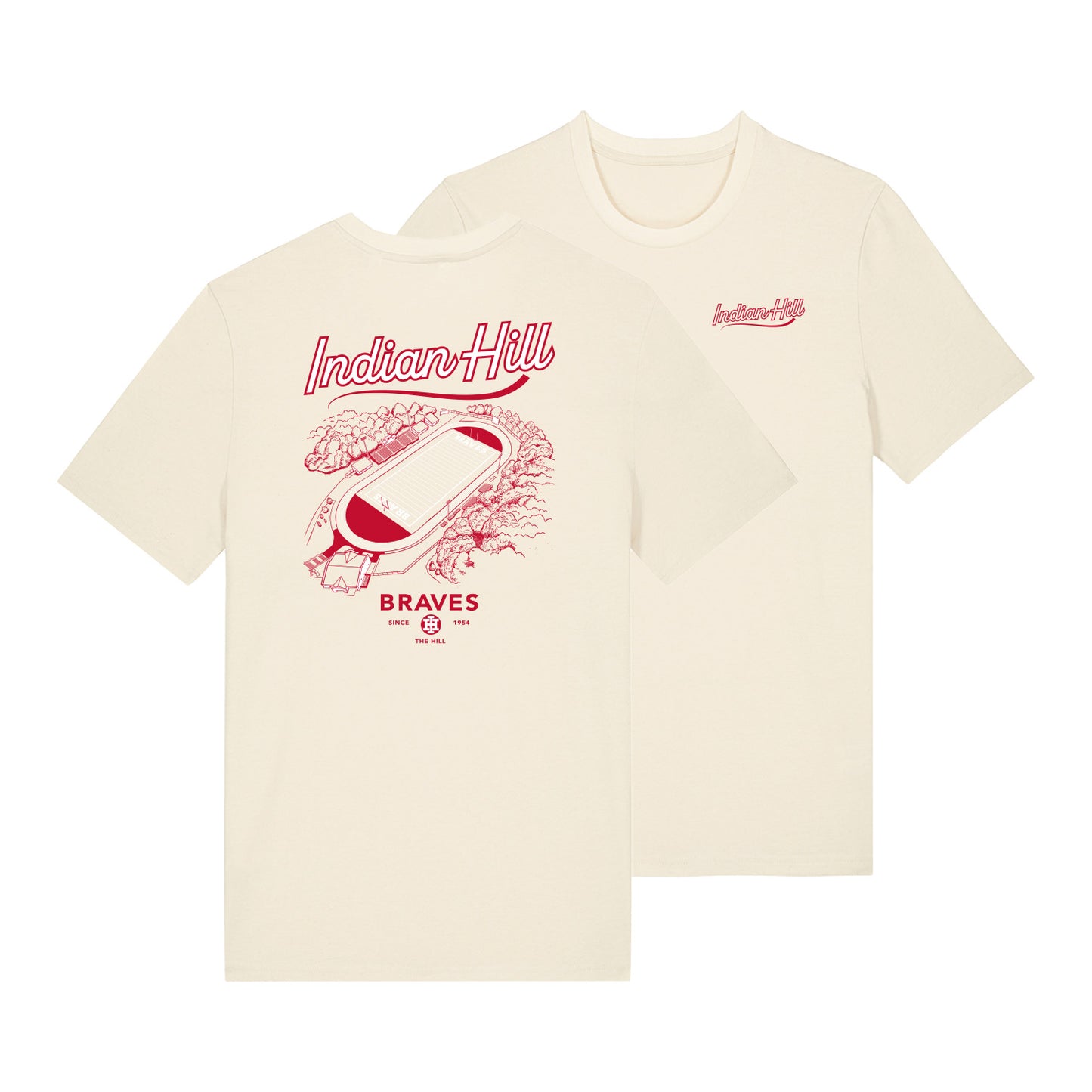 Two cream-colored Indian Hill t-shirts shown against a white background, with one displaying a large red stadium graphic and the other showing a smaller red chest logo.