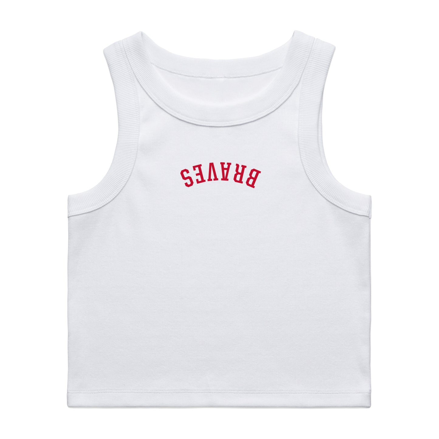 White tank top with red 'BRAVES' text on a white background