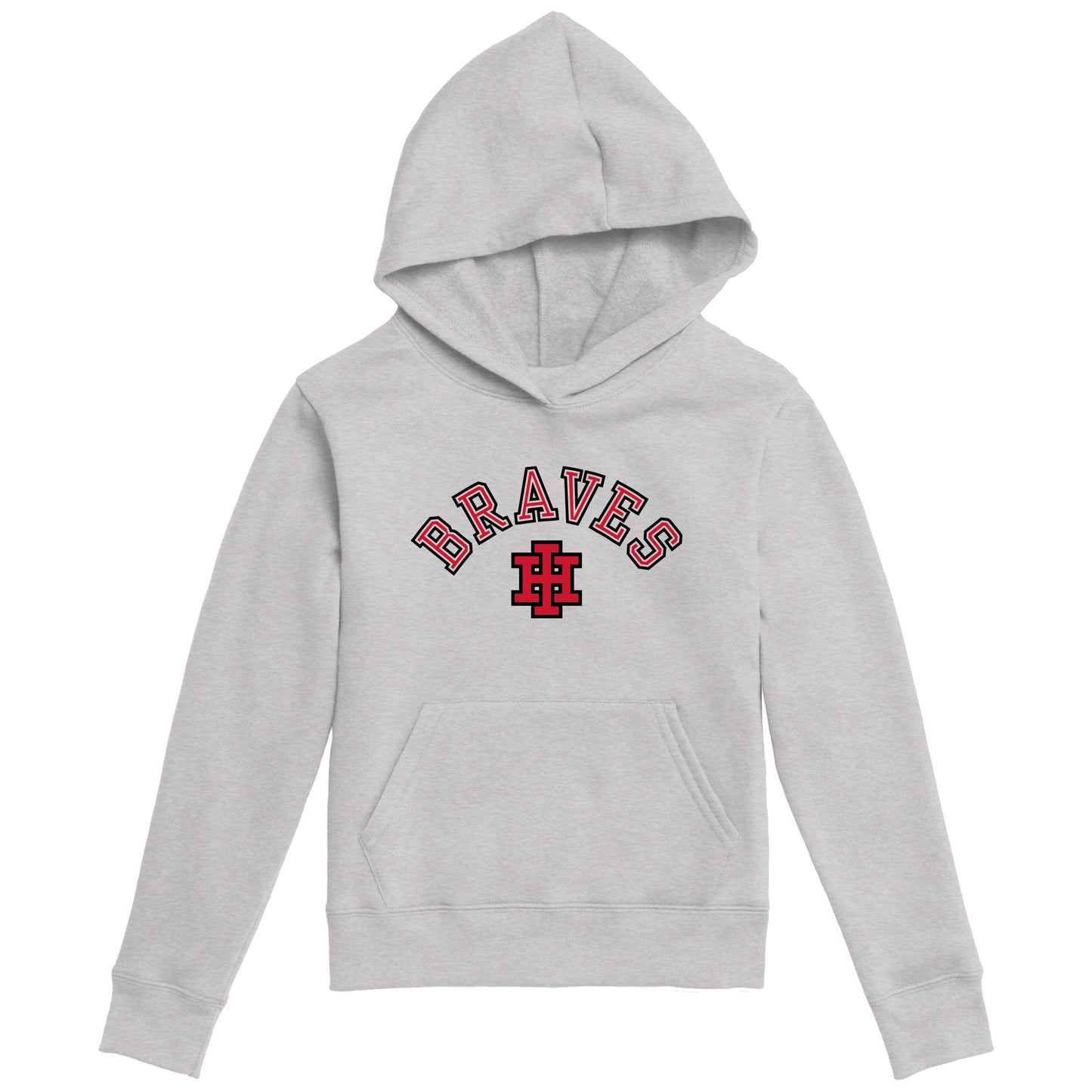 A light gray heather pullover hoodie with a red and black 'BRAVES' graphic and a cross logo on the chest, displayed on a solid white background.