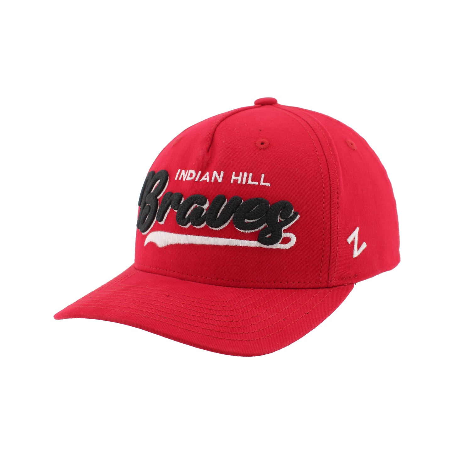 A red baseball cap featuring 'Indian Hill Braves' embroidered on the front, with 'Braves' in black script outlined in white, and a small white 'Z' logo on the side.
