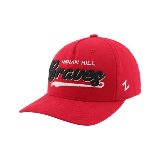 A red baseball cap featuring 'Indian Hill Braves' embroidered on the front, with 'Braves' in black script outlined in white, and a small white 'Z' logo on the side.