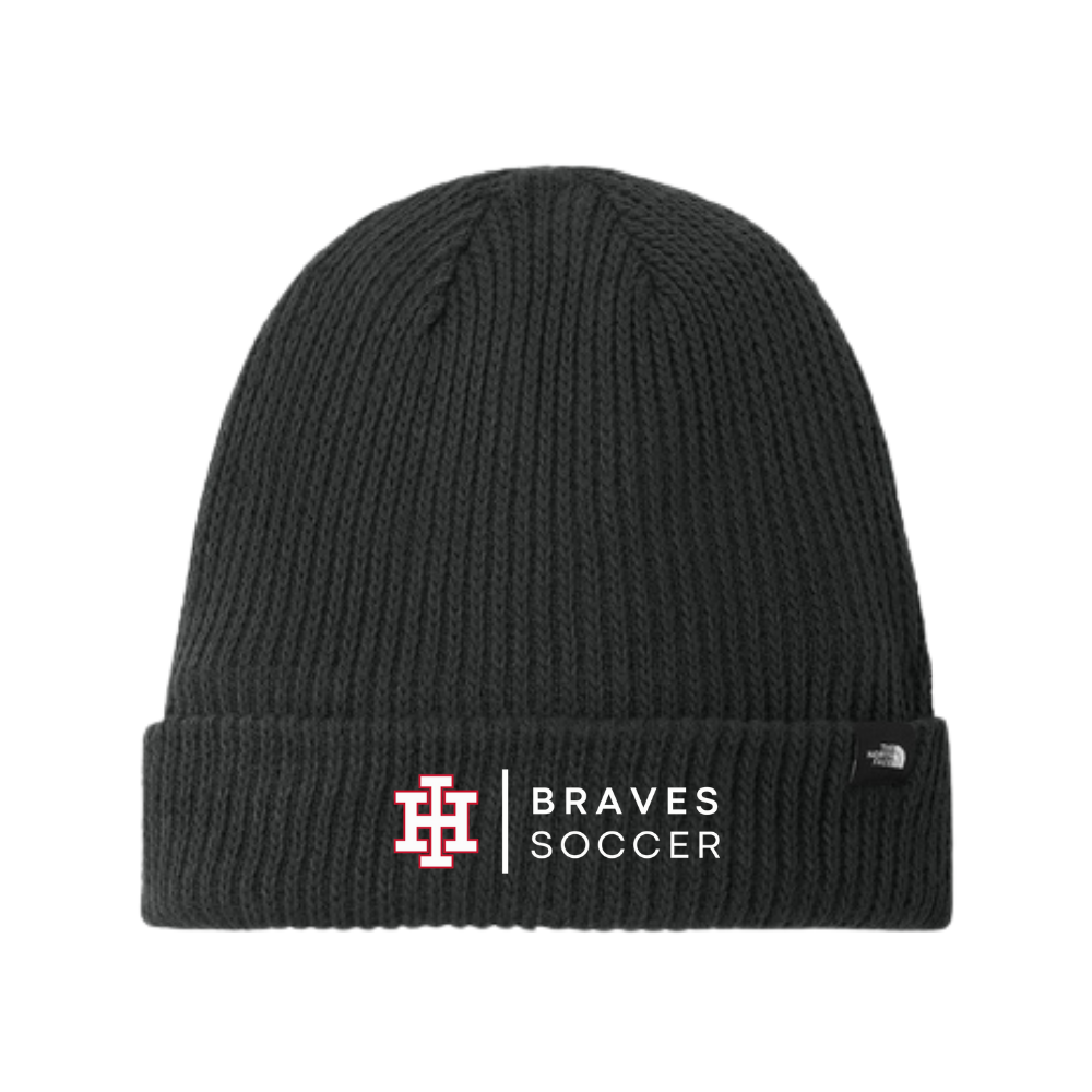 Black beanie with 'Braves Soccer' logo on a white background