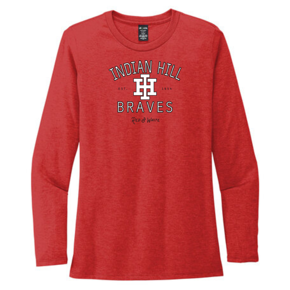 Red long-sleeve shirt with 'Indian Hill Braves' text and logo on a white background