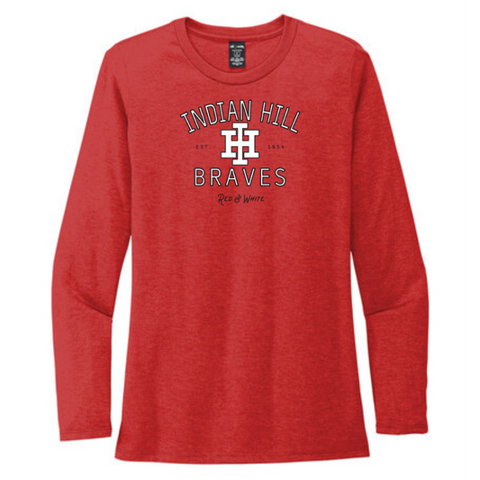 Red long-sleeve shirt with 'Indian Hill Braves' text and logo on a white background