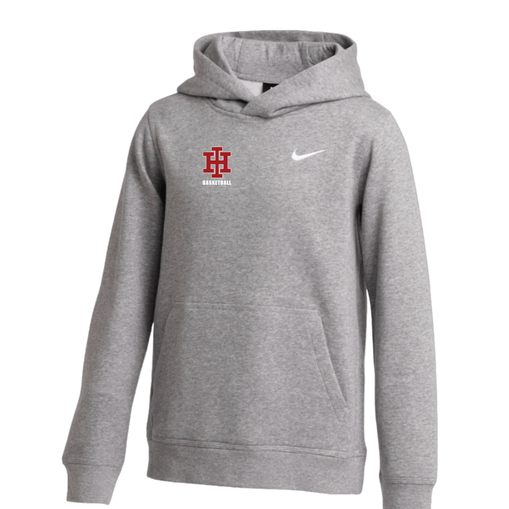 Gray hoodie with a logo and Nike emblem on a white background