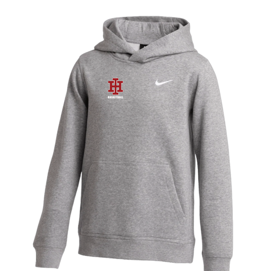 Gray hoodie with a logo and Nike emblem on a white background