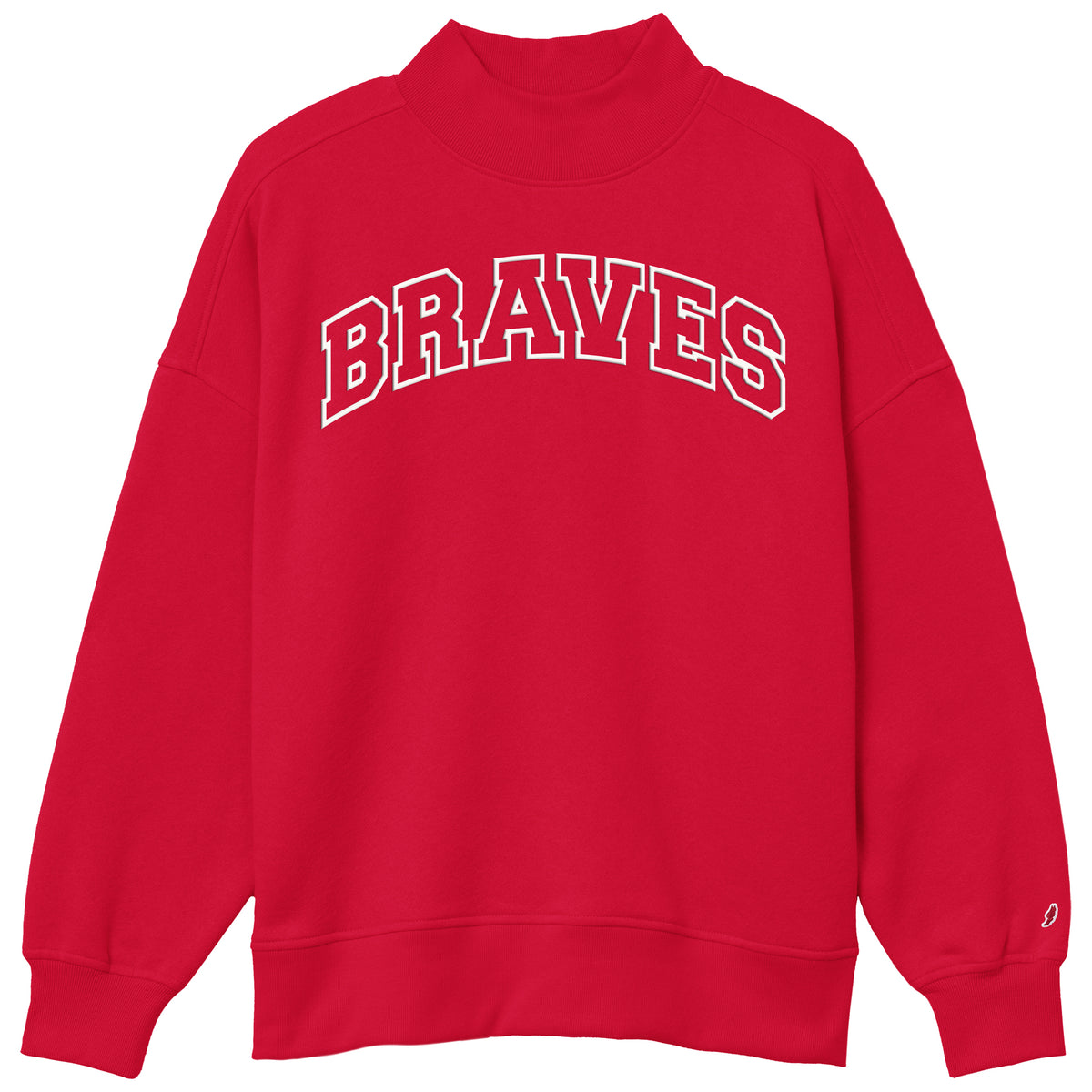 A red long-sleeve sweatshirt with 'BRAVES' printed in white arched block letters across the chest, shown on a plain white background.