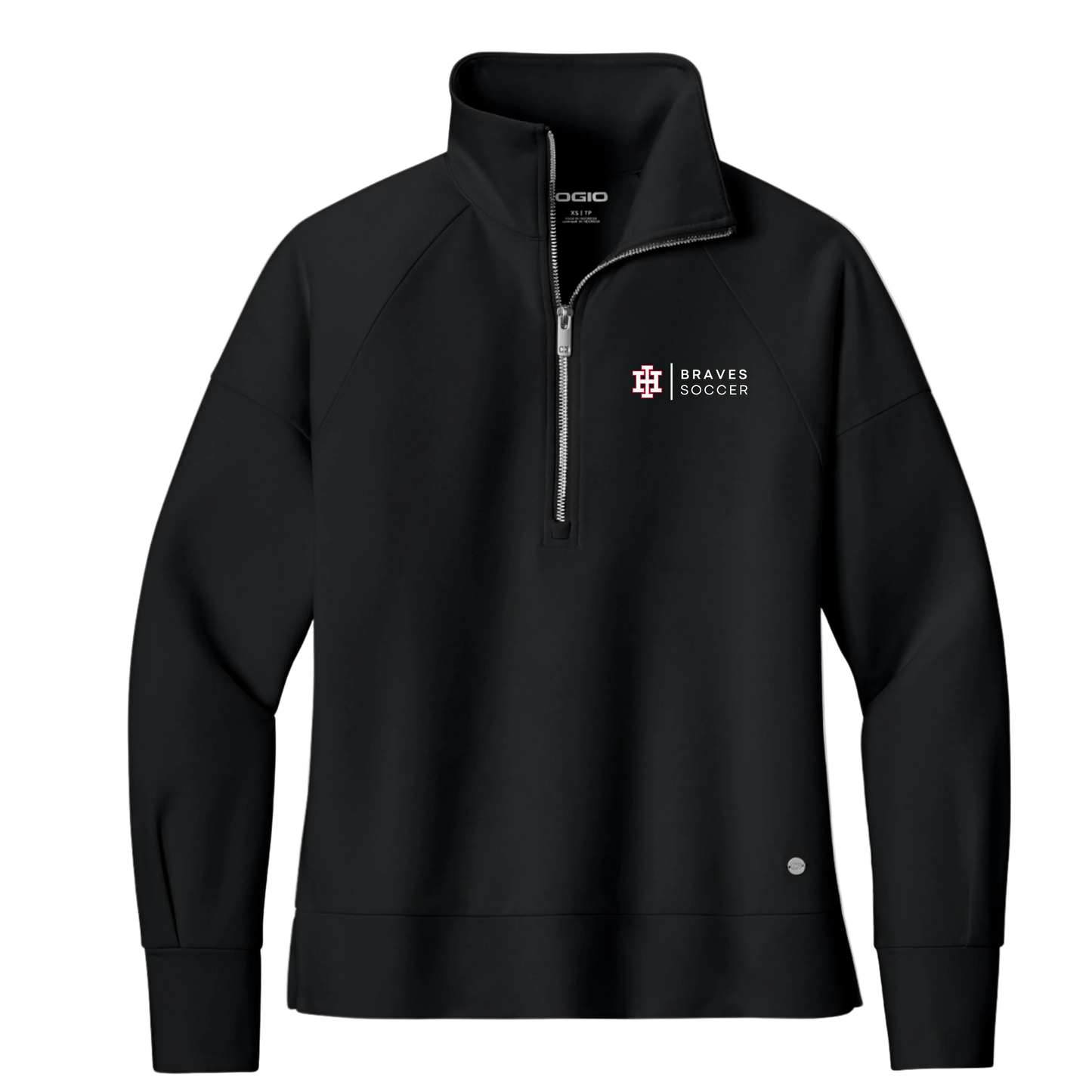 A black long-sleeve quarter-zip pullover jacket with a mock neck collar, featuring a white and red 'Braves Soccer' logo on the left chest and a small silver button on the lower right front hem, shown on a plain white background.