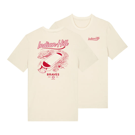 Two cream-colored Indian Hill t-shirts shown against a white background, with one displaying a large red stadium graphic and the other showing a smaller red chest logo.