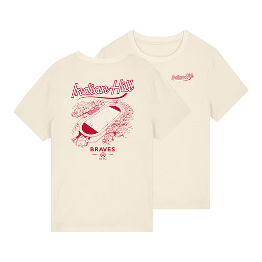 Two cream-colored t-shirts shown against a white background, displaying the front and back views. The back shirt features a large red graphic with the text 'Indian Hill' and 'BRAVES'.