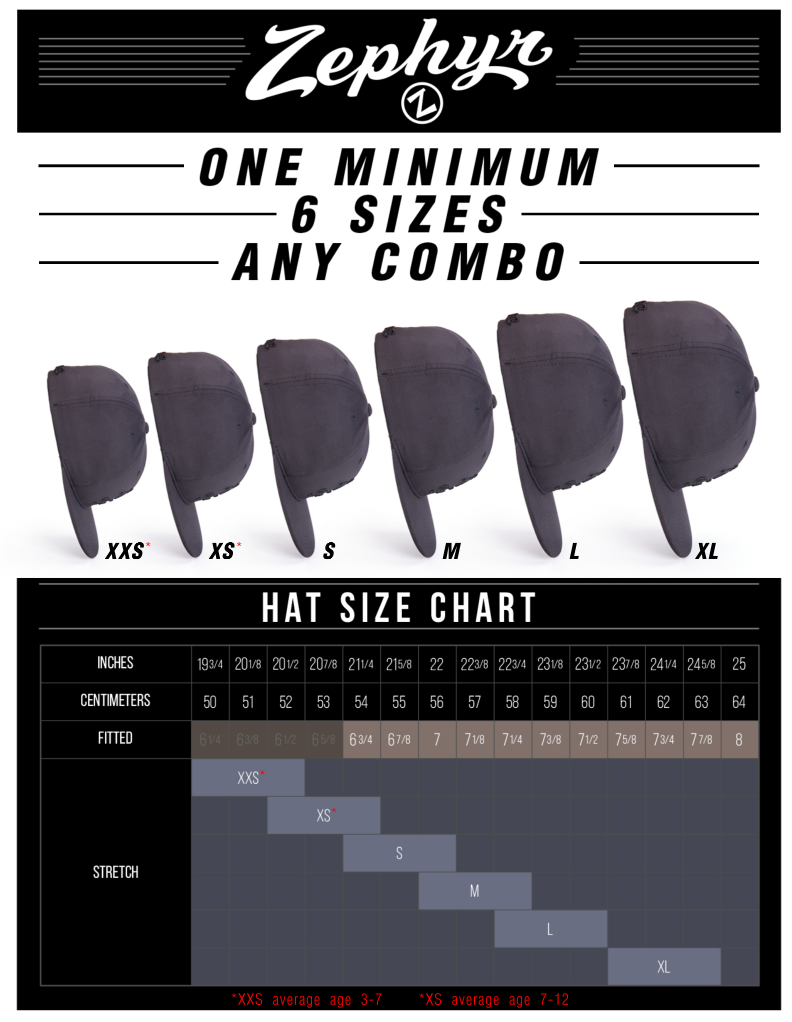 Zephyr hat size chart with black hats and measurement guide on a white background