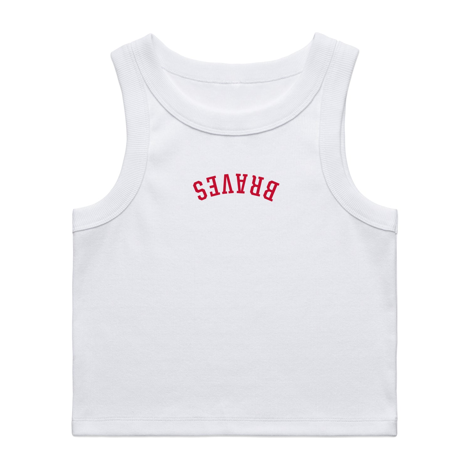 White tank top with red 'BRAVES' text on a white background