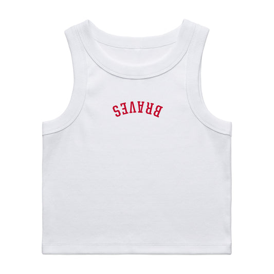 White tank top with red 'BRAVES' text on a white background