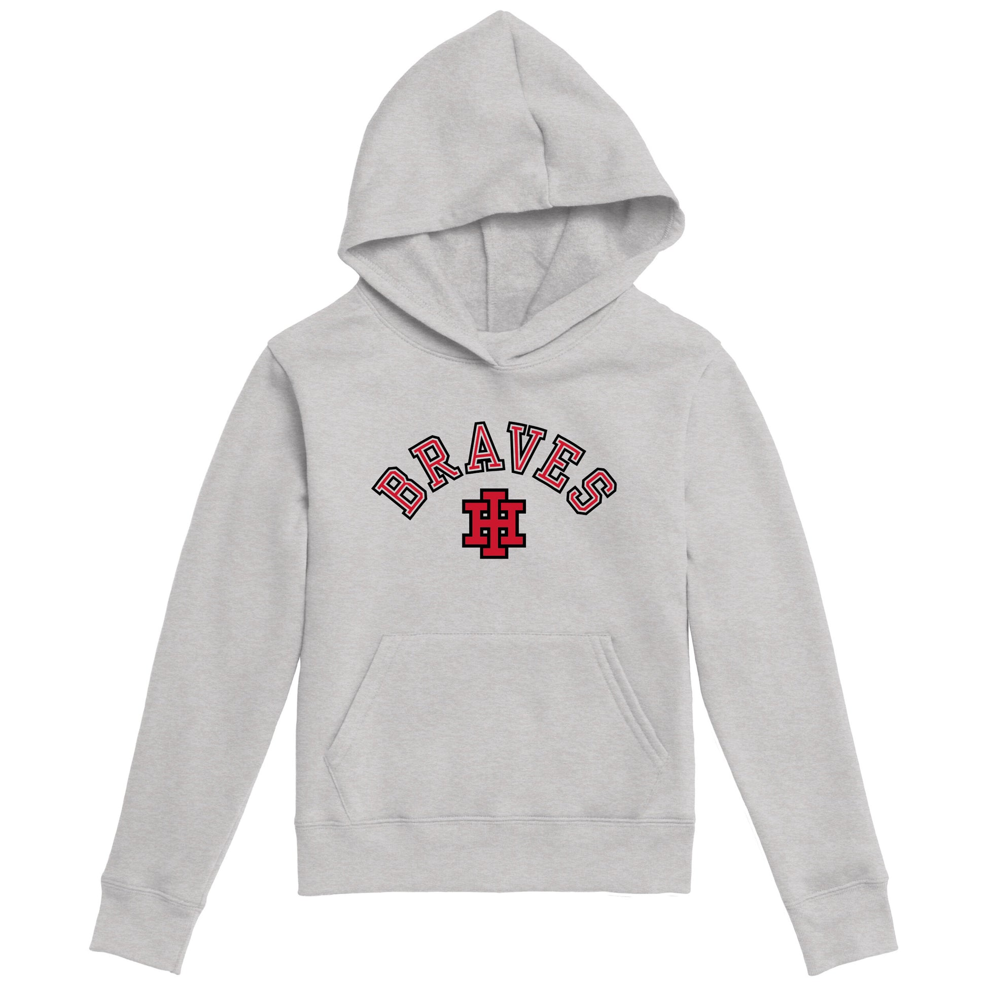 A light gray heather pullover hoodie with a red and black 'BRAVES' graphic and a cross logo on the chest, displayed on a solid white background.