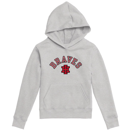 A light gray heather pullover hoodie with a red and black 'BRAVES' graphic and a cross logo on the chest, displayed on a solid white background.
